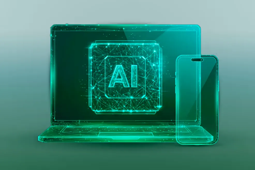 A semi-transparent laptop and cell phone with "AI" icon in the center, all made of glass.