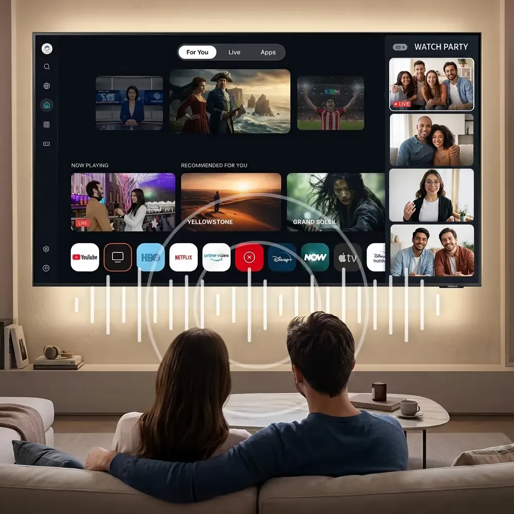 Couple in a living room enjoying a watch party on TV