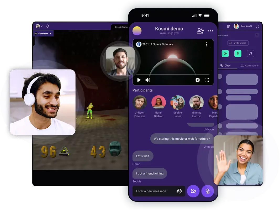Kosmi — a social watch-party interface with synchronized media and chat