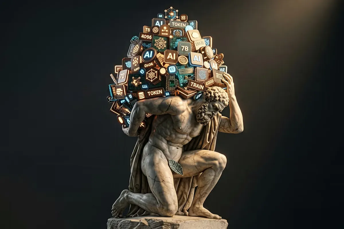 A marble sculpture of the Farnese Atlas kneeling and supporting a large cluster of glowing, tech-themed cubes and tokens on his shoulders against a dark background.