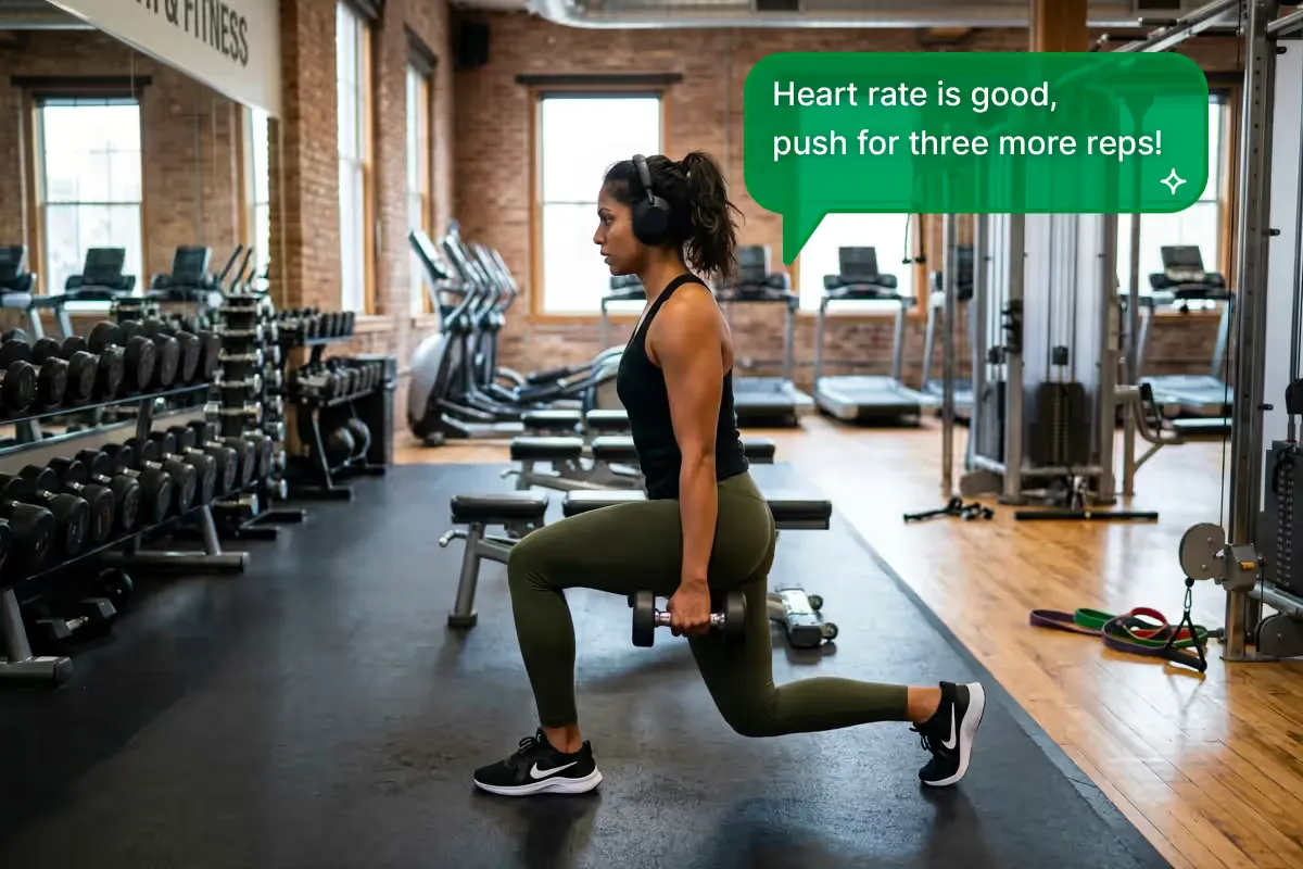 A woman in a gym doing reverse lunges wearing wireless headphones, listening to an AI gym instructor.